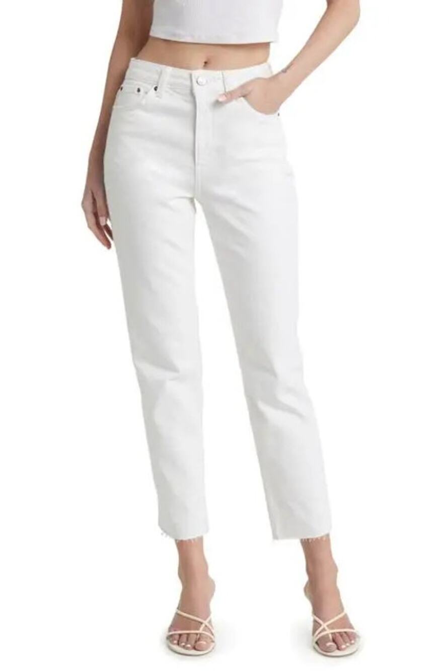 Topshop Straight Leg Jeans High Rise Raw Hem Cropped Denim White Size 8 NEW